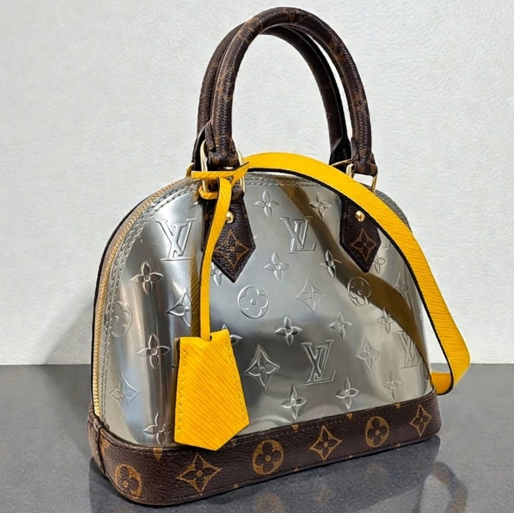 Louis Vuitton Alma BB Monogram Vernis Silver Embossed Yellow Crossbody Bag - Picture 6 of 16